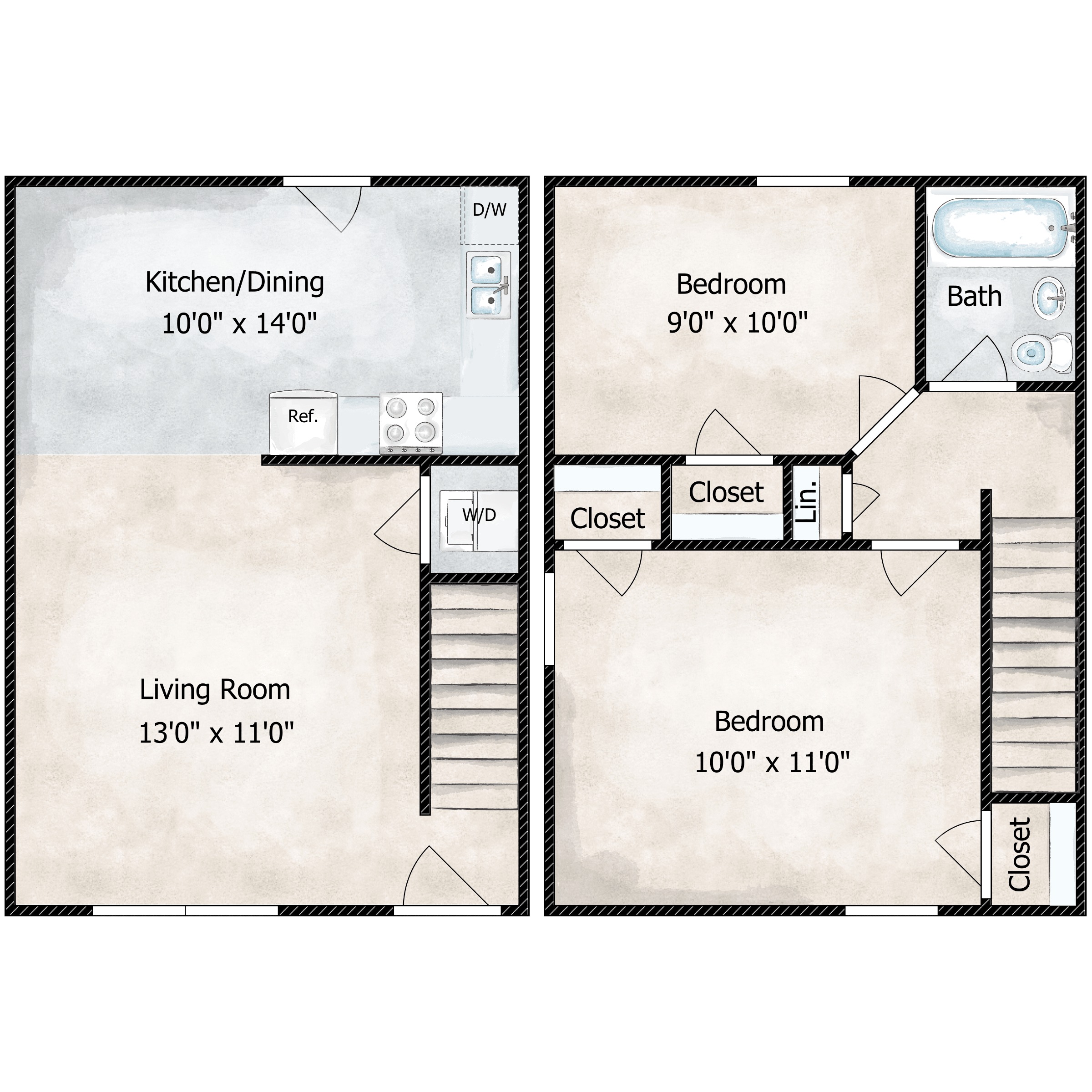 Floor plan for 2 beds, 1 bath, 900 sqft